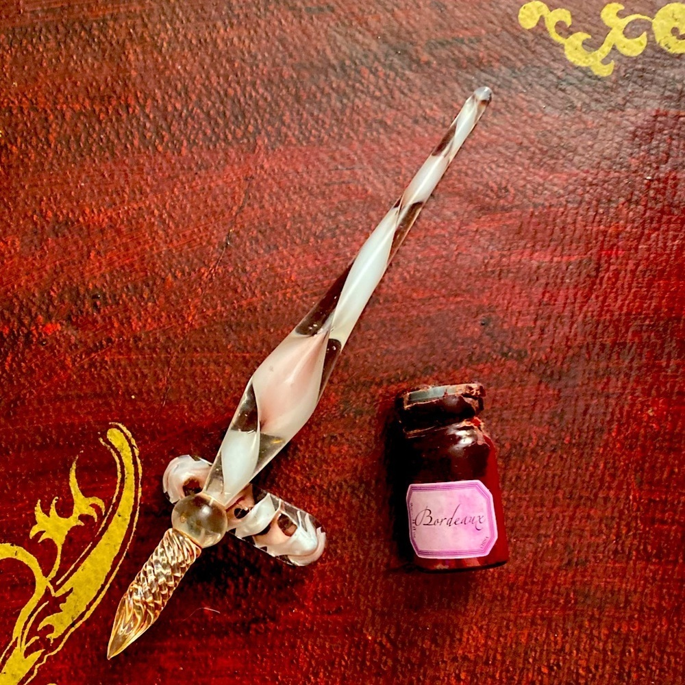 Glass Quill Calligraphy Dip Pen & Stand with Bordeaux Ink